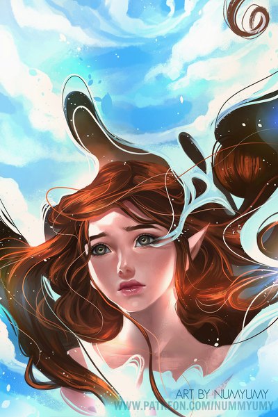 Anime picture 800x1200 with original numyumy single long hair tall image brown hair signed looking away sky cloud (clouds) lips pointy ears black eyes lipstick floating hair pink lipstick girl