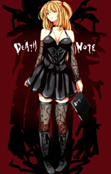 Anime picture 850x1325 with death note madhouse amane misa seeeeenn single long hair tall image looking at viewer blonde hair red eyes standing bare shoulders nail polish two side up copyright name red background lacing red nail polish girl thighhighs