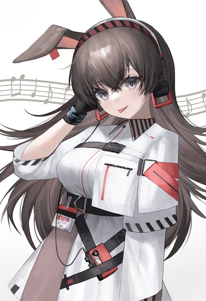 Anime picture 1100x1600 with arknights april (arknights) suiu aaa8 single long hair tall image looking at viewer fringe hair between eyes brown hair white background animal ears upper body grey eyes bunny ears girl tongue headphones musical note infection monitor (arknights)