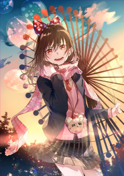 Anime picture 1447x2047 with original miwano rag single long hair tall image looking at viewer blush fringe open mouth smile hair between eyes brown hair sky cloud (clouds) long sleeves :d open clothes teeth orange eyes evening