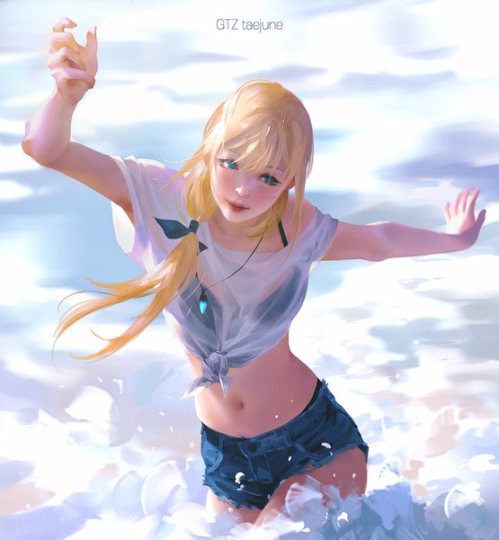 Anime picture 1300x1405 with original g-tz single long hair tall image looking at viewer fringe hair between eyes standing signed outdoors arm up lips realistic off shoulder bare belly partially submerged spread arms low ponytail front-tie top