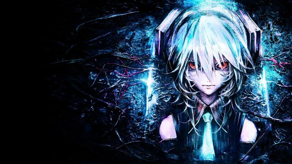 Anime picture 1280x720 with vocaloid hatsune miku banpai akira single looking at viewer fringe short hair red eyes wide image bare shoulders blue hair silver hair multicolored hair gradient hair girl necktie headphones wire (wires)