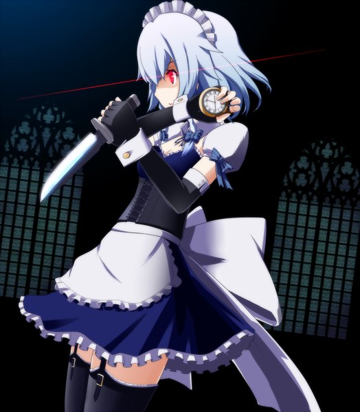 Anime picture 1745x2000 with touhou izayoi sakuya suibotuouji tall image highres short hair red eyes silver hair profile maid girl thighhighs gloves black thighhighs elbow gloves headdress maid headdress apron clock knife