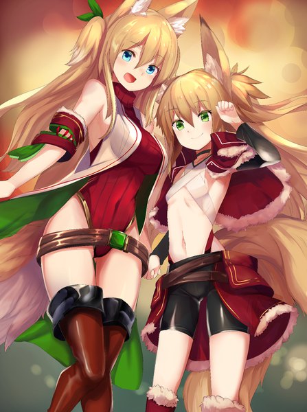 Anime picture 1218x1634 with original kokonoe tsubaki kokonoe hisagi haik long hair tall image looking at viewer blush fringe open mouth blue eyes light erotic blonde hair smile hair between eyes multiple girls green eyes animal ears :d open clothes