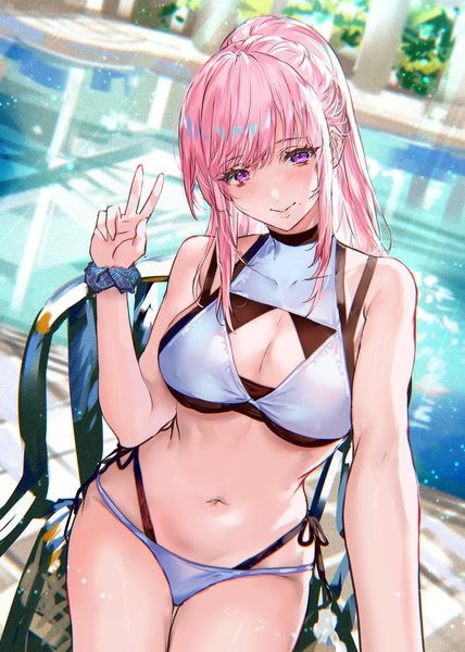 Anime picture 1141x1600 with original ranou single long hair tall image looking at viewer fringe breasts light erotic smile large breasts sitting payot pink hair cleavage ponytail head tilt pink eyes from above mole