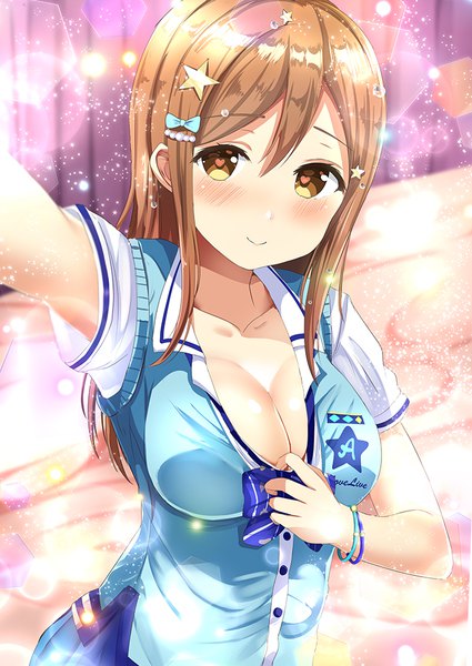 Anime picture 708x1000 with love live! sunshine!! sunrise (studio) love live! kunikida hanamaru morerin single long hair tall image looking at viewer blush fringe breasts light erotic smile hair between eyes brown hair large breasts brown eyes payot cleavage