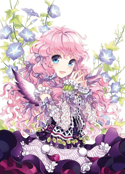Anime picture 790x1100 with original nardack single long hair tall image looking at viewer open mouth blue eyes simple background white background pink hair wavy hair fingers together girl dress flower (flowers) bow wings frills morning glory