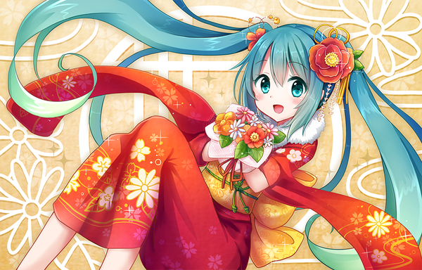 Anime picture 950x609 with vocaloid hatsune miku snowmi single long hair blush open mouth smile twintails bent knee (knees) traditional clothes :d japanese clothes hair flower aqua eyes aqua hair floral print floral background girl hair ornament