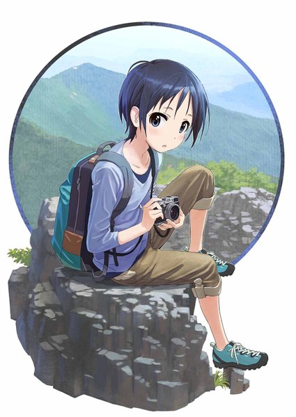 Anime picture 1062x1500 with yama no susume 8bit kurosaki honoka matsuo yuusuke single tall image looking at viewer blush short hair open mouth blue eyes sitting blue hair bent knee (knees) from above mountain girl shorts backpack camera