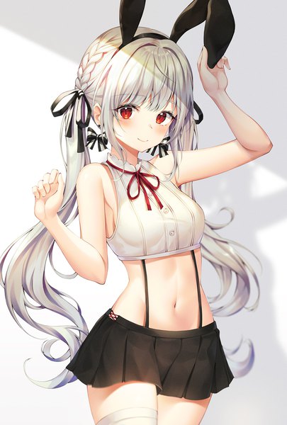 Anime picture 1300x1925 with original mellozzo single long hair tall image looking at viewer blush fringe breasts simple background smile red eyes standing twintails bare shoulders animal ears payot silver hair blunt bangs braid (braids)