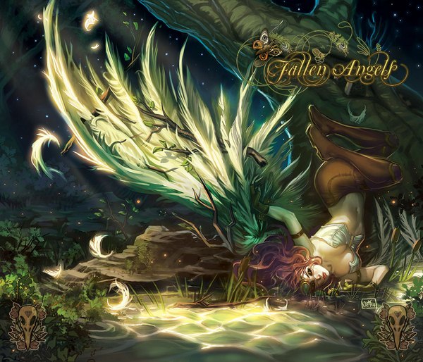 Anime picture 1050x900 with original toolkitten single long hair signed purple hair eyes closed inscription night eyeshadow upside down nature angel fallen angel girl gloves navel plant (plants) wings tree (trees)
