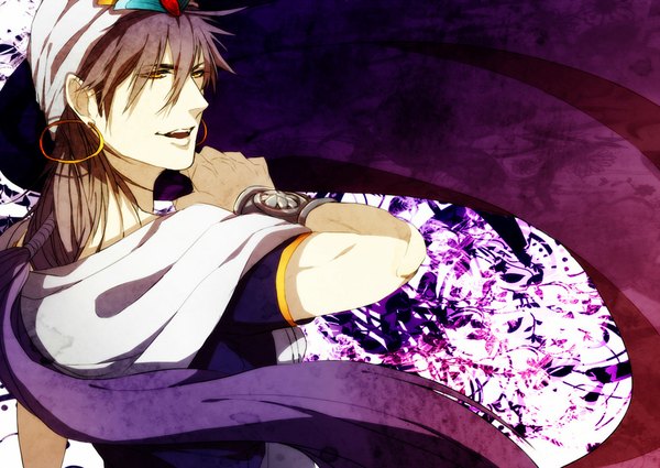 Anime picture 1000x709 with magi the labyrinth of magic a-1 pictures sinbad (magi) amane0623 single long hair open mouth yellow eyes looking away purple hair boy earrings bracelet headdress arabian clothes