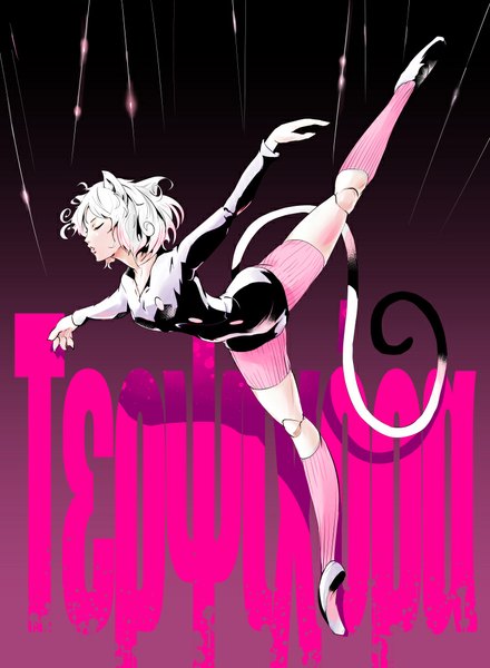 Anime picture 755x1029 with hunter x hunter neferupito redmadgiant single tall image short hair open mouth standing animal ears white hair tail eyes closed long sleeves animal tail cat ears cat tail spread arms ballet girl socks