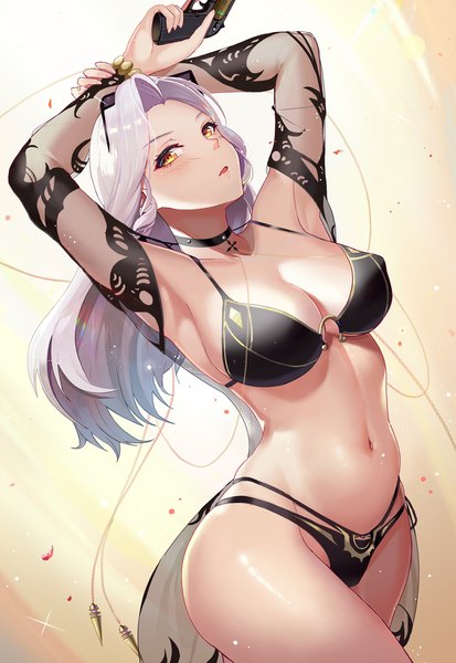 Anime picture 800x1161 with fate (series) fate/grand order carmilla (fate) carmilla (swimsuit rider) (fate) l.bou single long hair tall image looking at viewer blush breasts open mouth light erotic simple background large breasts standing holding yellow eyes cleavage silver hair