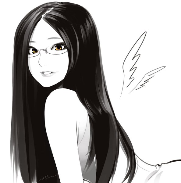 Anime picture 1200x1212 with original poaro single long hair tall image black hair white background signed yellow eyes parted lips light smile turning head monochrome portrait pale skin arched back girl wings glasses