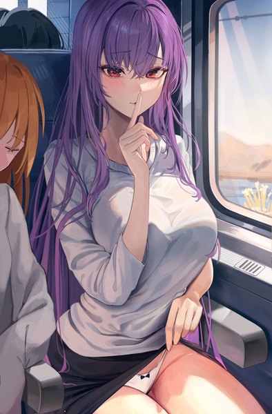 Anime picture 1348x2054 with original refla long hair tall image looking at viewer blush fringe breasts light erotic blonde hair hair between eyes red eyes large breasts sitting multiple girls purple hair eyes closed finger to mouth skirt lift train interior