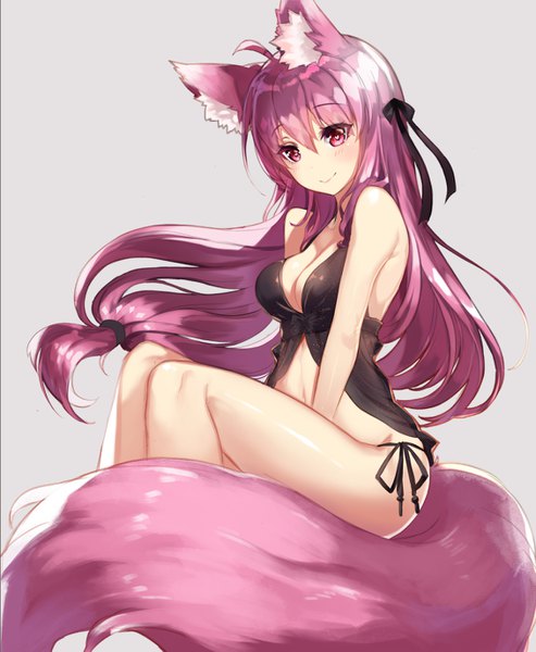 Anime picture 1129x1375 with original hoshi usagi single long hair tall image looking at viewer blush fringe breasts light erotic simple background smile hair between eyes red eyes large breasts sitting bare shoulders animal ears purple hair tail