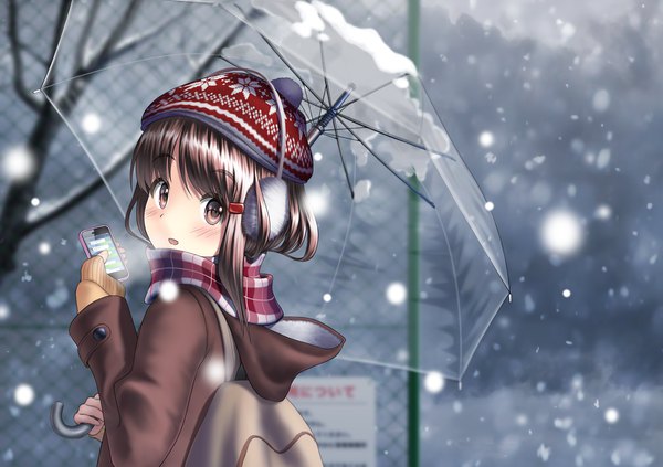 Anime picture 1782x1259 with original sarekoube single long hair blush highres open mouth brown hair holding brown eyes payot blurry depth of field snowing winter exhalation transparent umbrella girl jacket umbrella
