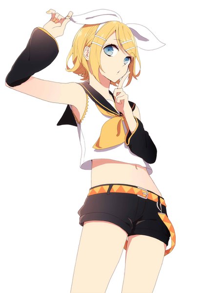 Anime picture 900x1272 with vocaloid kagamine rin jam (zamuchi) single tall image looking at viewer fringe short hair blue eyes simple background blonde hair standing white background bare shoulders nail polish wide sleeves midriff sailor collar orange nail polish girl