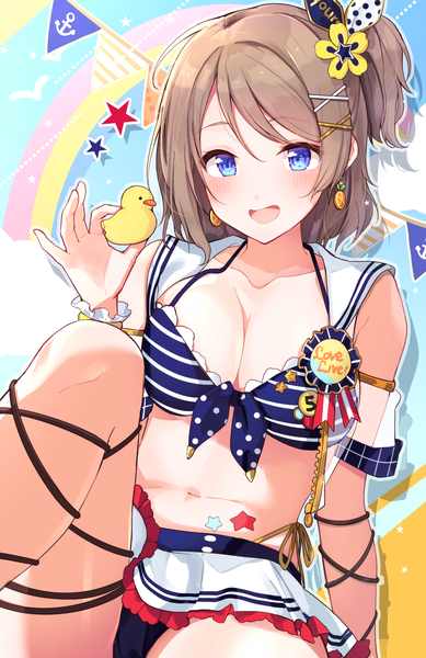 Anime picture 1226x1890 with love live! sunshine!! sunrise (studio) love live! watanabe you goroo (eneosu) single tall image looking at viewer blush short hair breasts open mouth blue eyes light erotic smile brown hair large breasts sitting holding payot