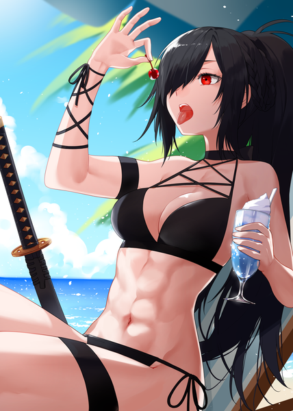 Anime picture 1200x1681 with original waka (shark waka) single long hair tall image fringe breasts open mouth light erotic black hair red eyes large breasts sitting holding payot looking away sky cleavage cloud (clouds) outdoors