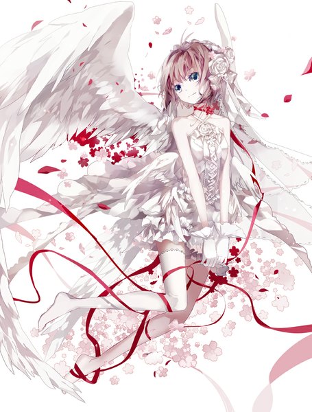 Anime picture 810x1069 with card captor sakura clamp kinomoto sakura mamenomoto single tall image fringe short hair blue eyes simple background smile brown hair white background bare shoulders looking away no shoes angel wings white wings wedding girl