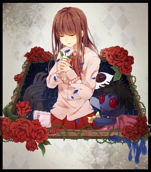 Anime picture 1666x1900 with ib (game) ib (ib) long hair tall image blush brown hair eyes closed girl skirt flower (flowers) shirt petals rose (roses) doll (dolls)