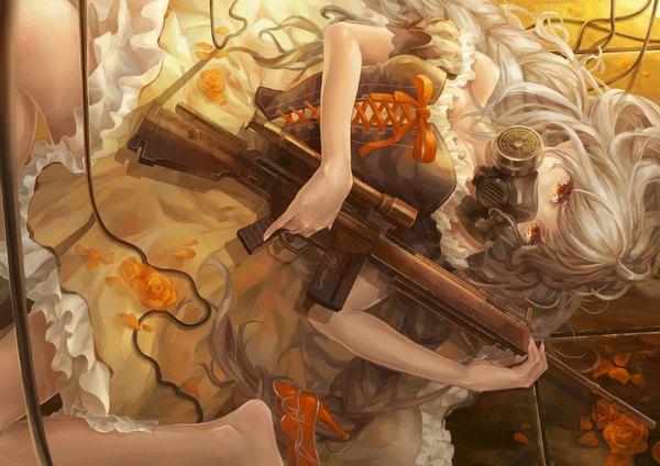 Anime picture 1692x1196 with original piyotama single long hair looking at viewer white hair orange eyes girl dress flower (flowers) weapon petals gas mask