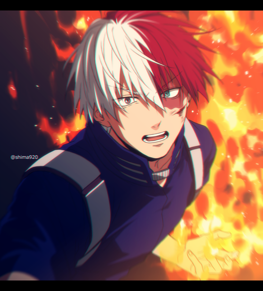 Anime picture 750x830 with boku no hero academia studio bones todoroki shouto mashima shima single tall image looking at viewer fringe short hair open mouth hair between eyes signed white hair red hair multicolored hair two-tone hair twitter username heterochromia letterboxed boy