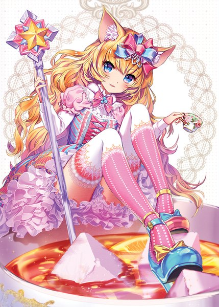 Anime picture 572x800 with original esphy single long hair tall image looking at viewer fringe blue eyes blonde hair sitting animal ears full body wavy hair lolita fashion minigirl girl thighhighs dress hair ornament food