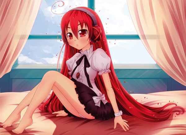 Anime picture 2063x1500 with shakugan no shana j.c. staff shana kirael-art (artist) single looking at viewer blush highres light erotic red eyes sitting sky cloud (clouds) red hair very long hair legs girl skirt underwear panties