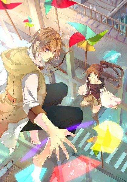 Anime picture 1024x1466 with aiki-ame long hair tall image short hair open mouth brown hair purple eyes barefoot aqua eyes magic flying glow face paint girl thighhighs boy animal bird (birds) hood building (buildings)
