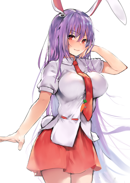 Anime picture 752x1062 with touhou reisen udongein inaba asuzemu single tall image looking at viewer fringe breasts light erotic simple background smile hair between eyes red eyes large breasts white background animal ears purple hair tail very long hair animal tail