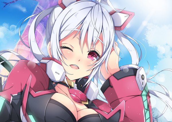 Anime picture 1200x858 with phantasy star phantasy star online 2 sega matoi (pso2) milkpanda single long hair looking at viewer blush breasts open mouth red eyes silver hair one eye closed wink girl hair ornament