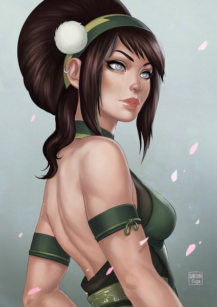 Anime picture 700x990 with avatar: the last airbender nickelodeon toph beifong dandon fuga tall image short hair breasts black hair simple background looking away lips realistic grey background piercing bare back silver eyes girl petals