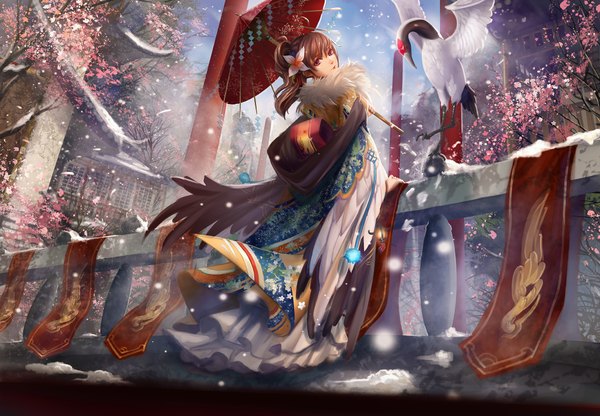 Anime picture 2048x1423 with original liu (pixiv) single long hair looking at viewer highres brown hair brown eyes ponytail traditional clothes looking back hair flower fur trim snowing winter snow architecture east asian architecture girl dress