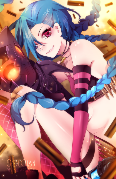 Anime picture 776x1200 with league of legends jinx (league of legends) squchan single long hair tall image smile blue hair braid (braids) pink eyes sunlight twin braids bandaid on leg bandaid on knee girl gloves weapon elbow gloves gun bandaid