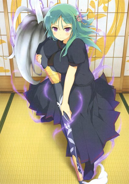 Anime picture 4378x6231 with senran kagura basho (senran kagura) yaegashi nan single long hair tall image looking at viewer blush highres breasts light erotic large breasts purple eyes absurdres green hair scan official art glowing girl uniform