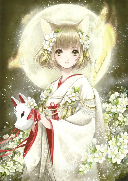 Anime picture 2118x3000 with original eshi 100-nin ten shiitake (gensoudou) single tall image looking at viewer highres short hair blonde hair standing holding brown eyes animal ears traditional clothes japanese clothes hair flower wind scan wide sleeves fox ears