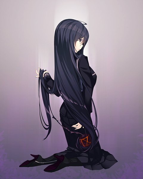 Anime picture 800x1000 with original hinasaki you single long hair tall image looking at viewer black hair profile black eyes girl dress boots