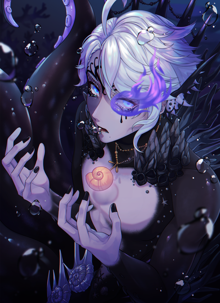 Anime picture 1000x1370 with twisted wonderland azul ashengrotto chikottop single tall image looking at viewer short hair blue eyes silver hair ahoge nail polish from above mole glowing glowing eye (eyes) underwater mole under mouth black nail polish boy bubble (bubbles)