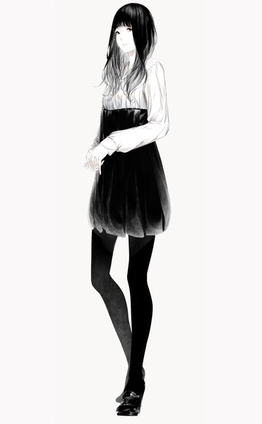Anime picture 928x1500 with original sousou (sousouworks) single long hair tall image looking at viewer fringe black hair simple background standing white background full body black eyes monochrome pale skin casual girl skirt pantyhose shoes