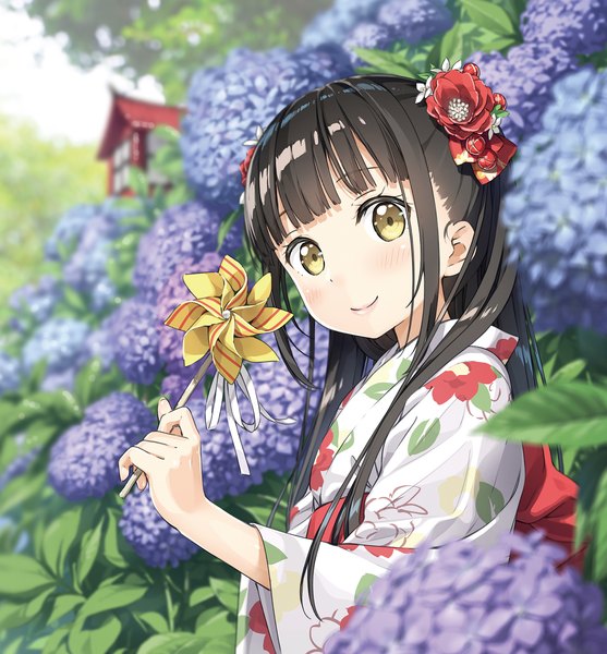 Anime picture 1879x2024 with original nagisa (kantoku) kantoku single long hair tall image looking at viewer fringe highres black hair smile yellow eyes payot blunt bangs traditional clothes japanese clothes hair flower depth of field girl flower (flowers)