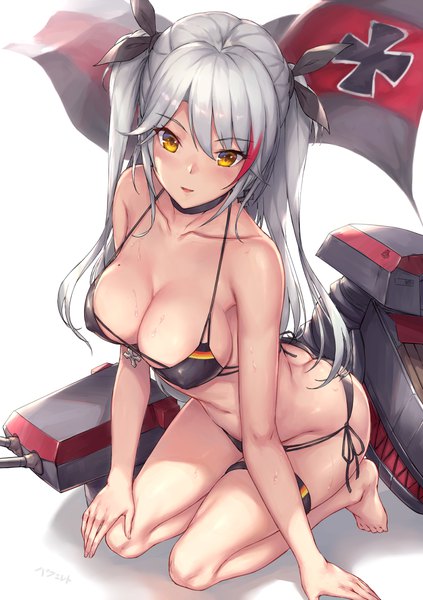 Anime picture 790x1120 with azur lane prinz eugen (azur lane) prinz eugen (unfading smile) (azur lane) parfaitlate single long hair tall image breasts light erotic large breasts white background yellow eyes looking away silver hair ass from above arm support two side up kneeling girl