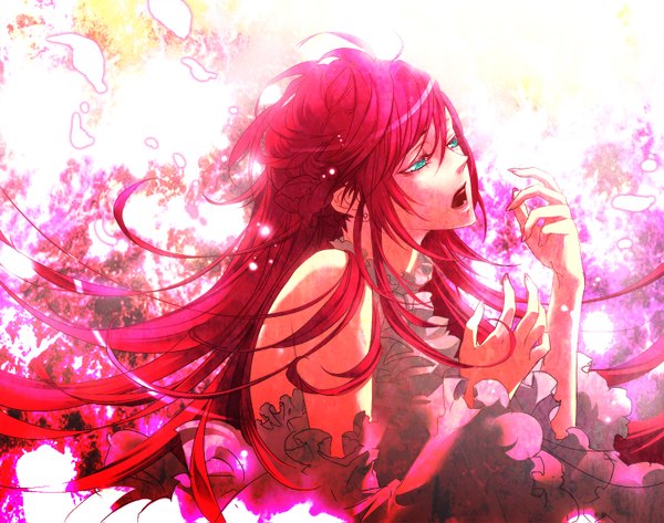 Anime picture 1500x1183 with vocaloid megurine luka double click single long hair open mouth bare shoulders red hair profile aqua eyes singing girl dress petals