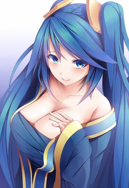 Anime picture 657x957 with league of legends sona buvelle isshiki (ffmania7) single tall image looking at viewer blush breasts blue eyes light erotic smile large breasts blue hair cleavage very long hair girl hair ornament