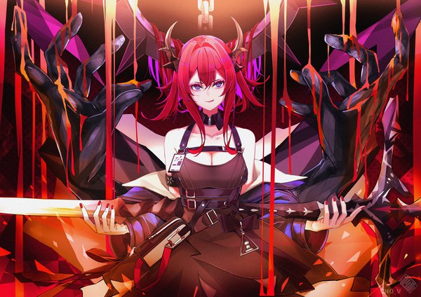 Anime picture 4096x2896 with arknights surtr (arknights) cno single long hair looking at viewer fringe highres breasts hair between eyes standing purple eyes bare shoulders holding payot absurdres cleavage red hair nail polish multicolored hair