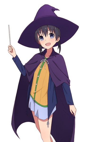 Anime picture 980x1620 with flying witch j.c. staff kuramoto chinatsu yahiro (epicopeiidae) single tall image looking at viewer blush fringe short hair open mouth blue eyes black hair simple background hair between eyes white background twintails short twintails girl hat