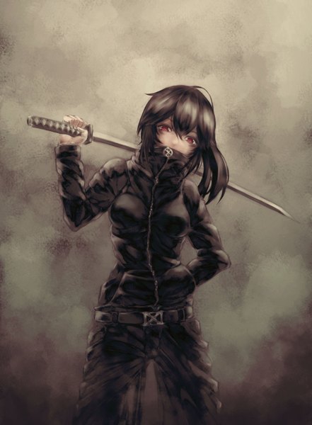 Anime picture 1013x1379 with original mstm single long hair tall image looking at viewer black hair simple background red eyes hand in pocket girl weapon sword katana
