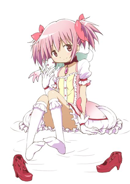 Anime picture 1290x1821 with mahou shoujo madoka magica shaft (studio) kaname madoka kyuubee kinfuji single tall image looking at viewer blush fringe short hair simple background smile white background sitting twintails payot pink hair pink eyes no shoes